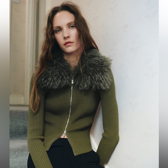 Mango Olive Green Sweater with Faux Fur Collar - Picture 2 of 7